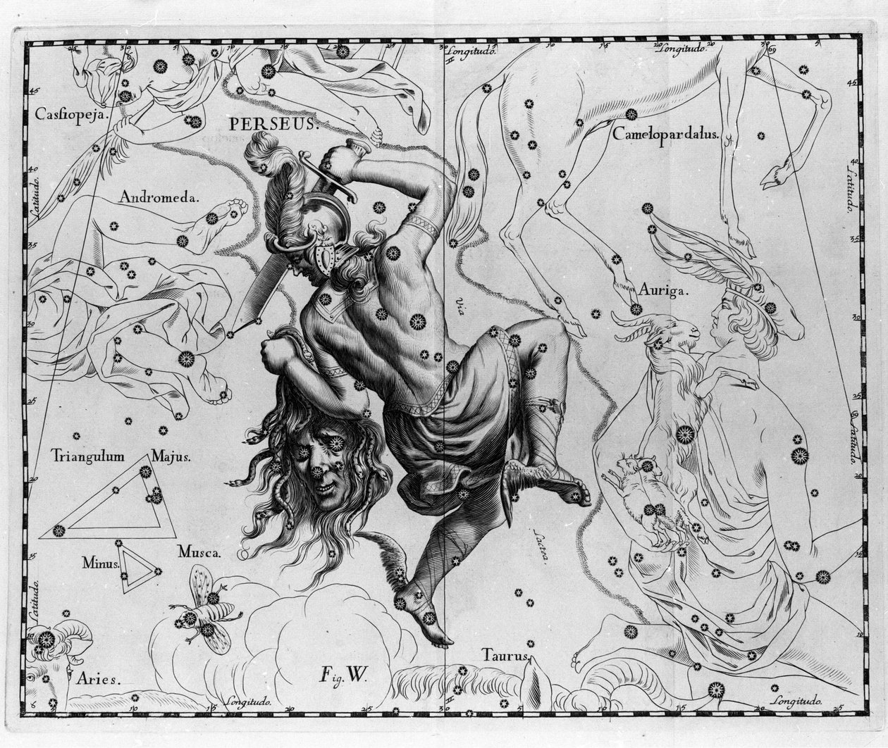 Den persiska konstellationen. Plåt tecknad från "" Firmamentum Sobiescanum sive Uranographia"" av Johannes Hevelius eller Hevel (1611-1687) av Johannes Hevelius