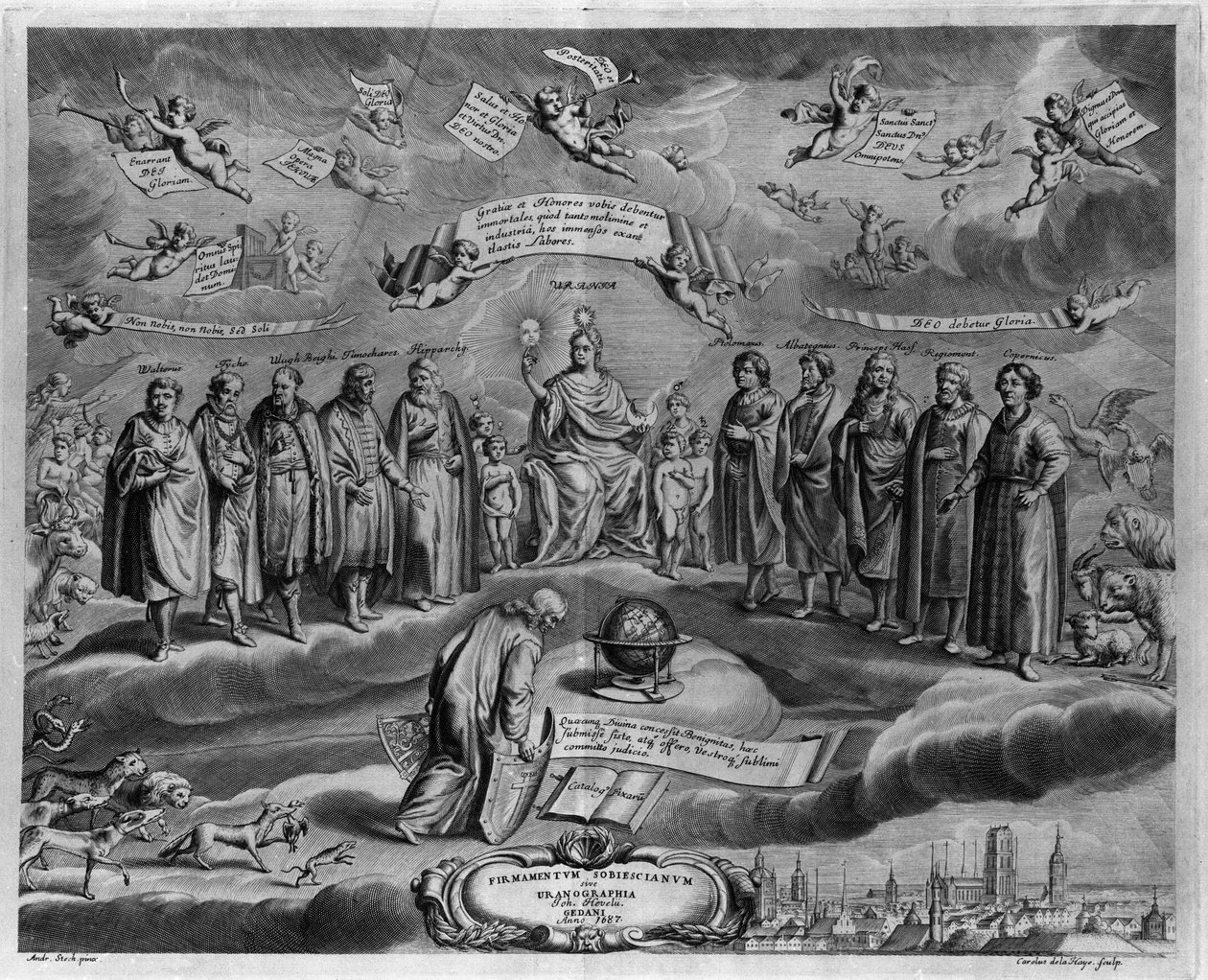 De berömda astronomerna. Bland dem, från vänster till höger: Walterus (?) , Tycho Brahe (Tyge Ottesen Brahe), känd som Le noble Danish eller L