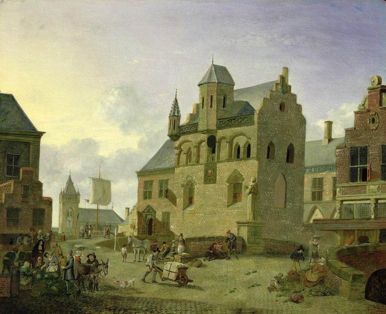 Torg med figurer och bönder som handlar på en marknadsplats (panel) av Johannes Huibert Prins