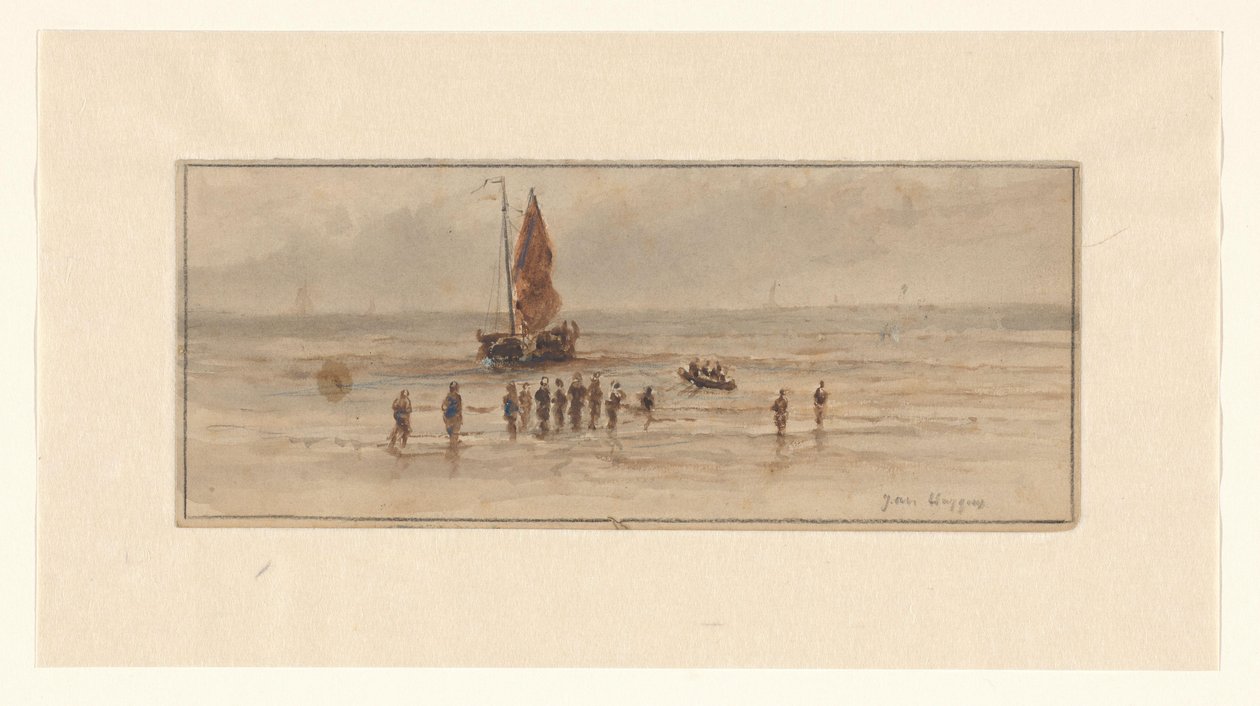 Strandscen med fiskare och segelfartyg av Johannes Huygens (signed by artist)