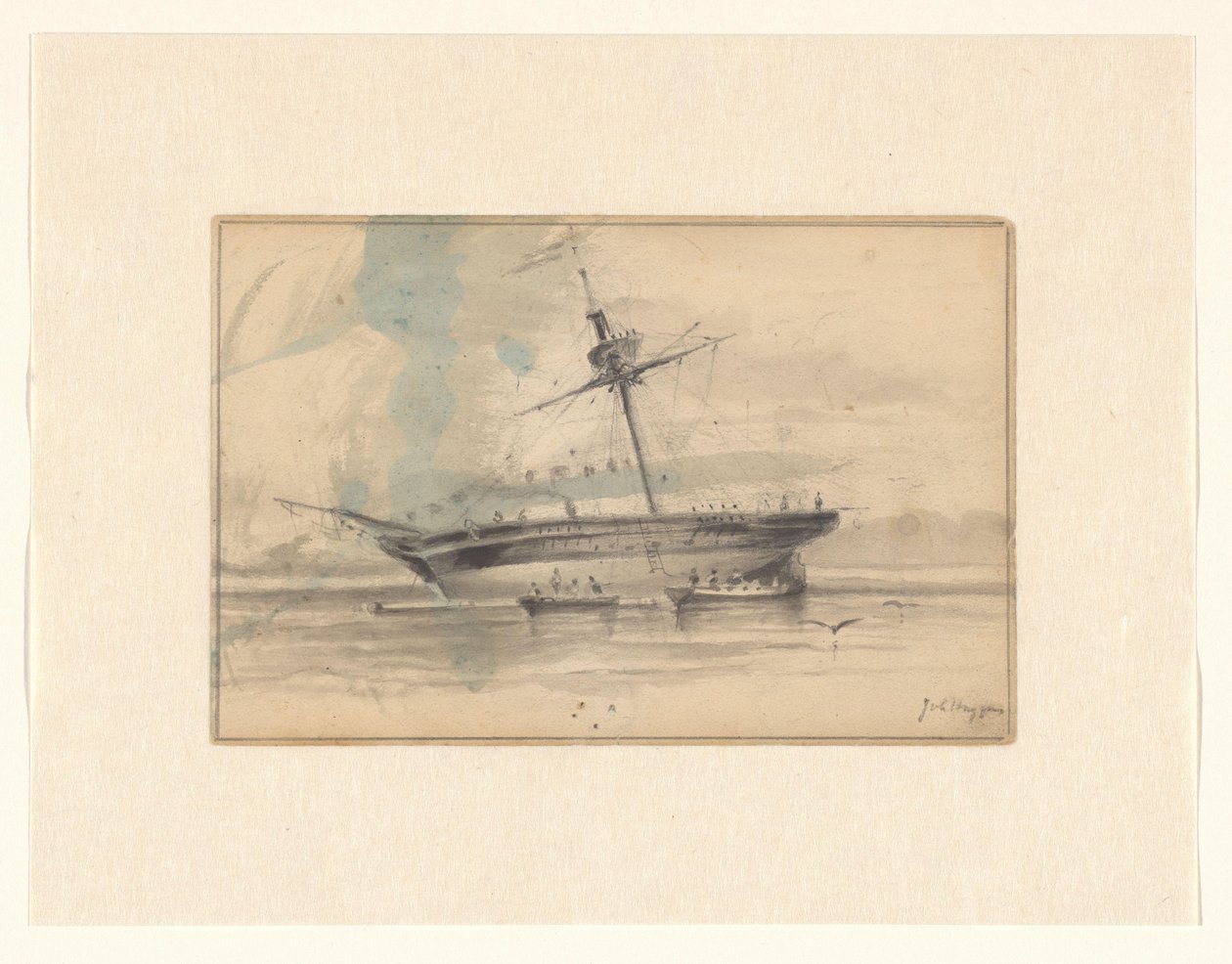 Segelfartyg med två roddbåtar av Johannes Huygens (signed by artist)