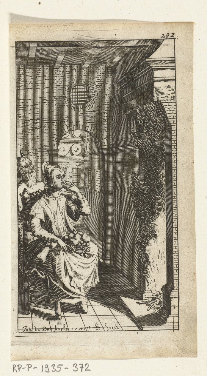 Den snälla djävulen Bokillustration för Simon de Vries, Seven Duyvelen som styr och tjänar Hedendaeghsche Dienstmaegden, Amsterdam, 1682 av Johannes Jacobsz van den Aveele