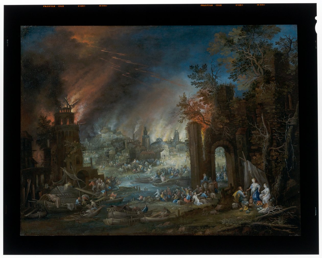 Landskap med Lot och hans döttrar och det brinnande Sodom i bakgrunden av Johannes Jakob Hartmann