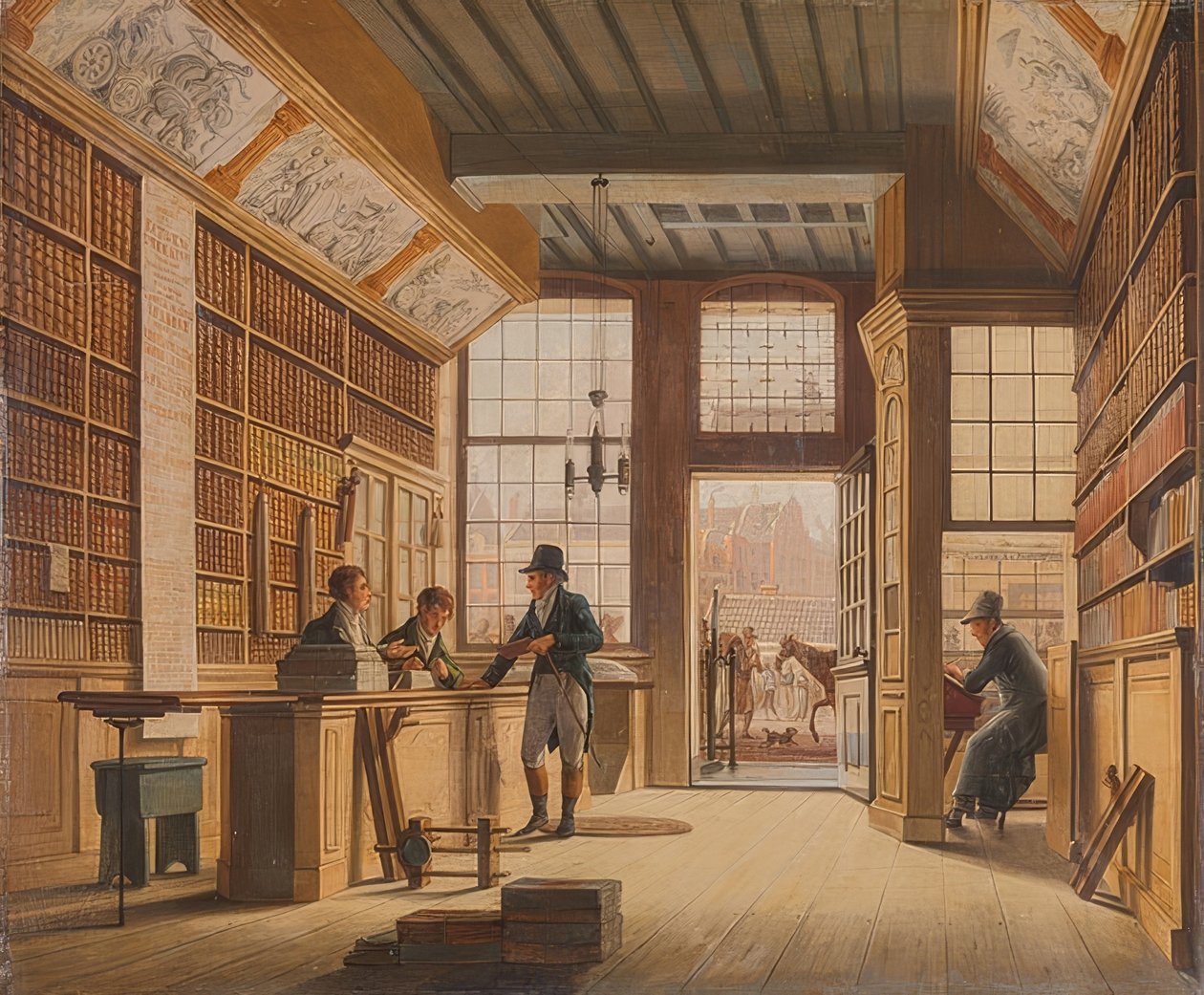 Der Laden des Buchhändlers Pieter Meijer Warnars am Vijgendam i Amsterdam. 1820 av Johannes Jelgerhuis