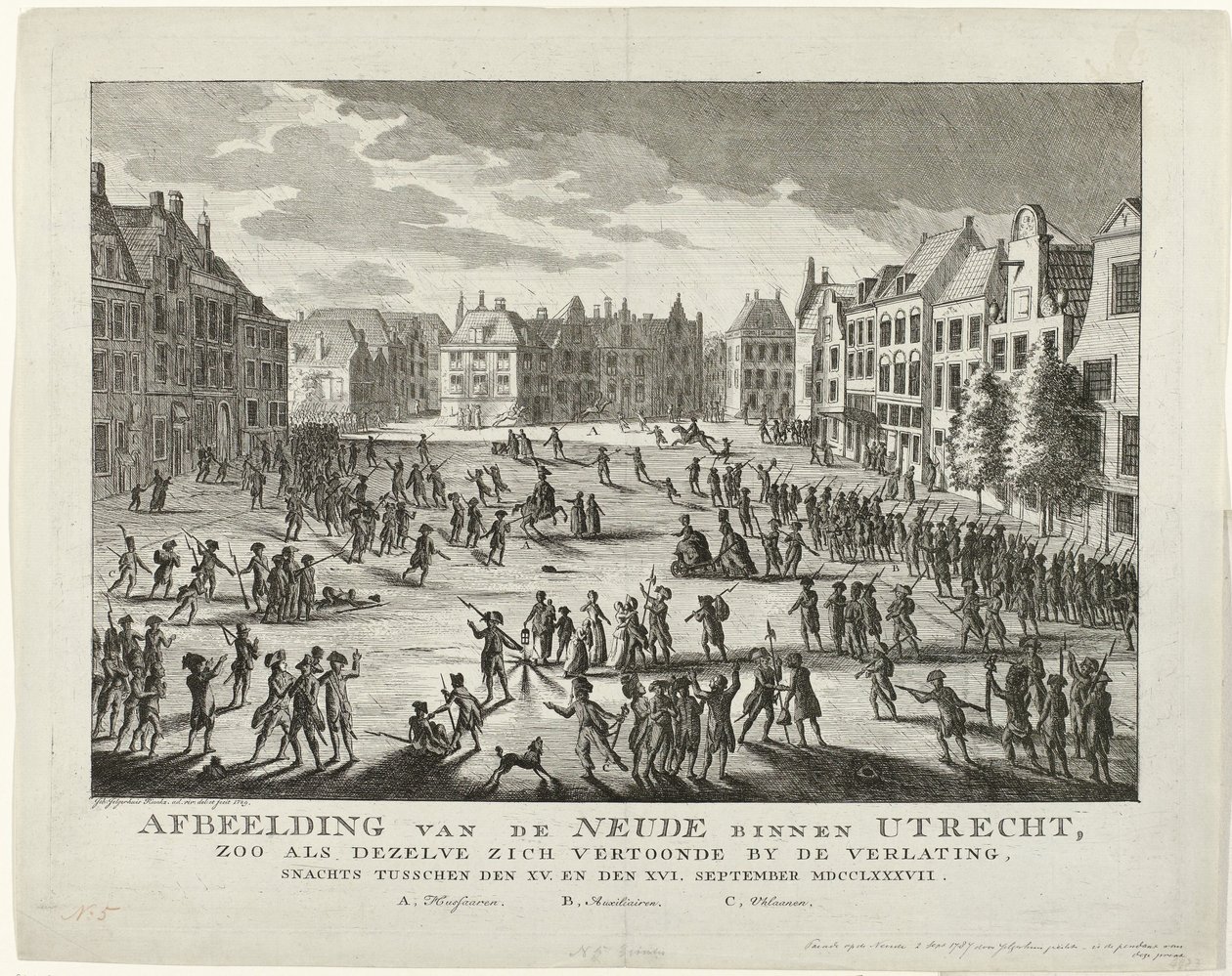 Patrioter lämnar Neude i Utrecht, 1787 Skildring av Neude inom Utrecht, som den såg ut under desertering på natten mellan XV. och XVI. September MDCCLXXXVII (titel på objekt) av Johannes Jelgerhuis