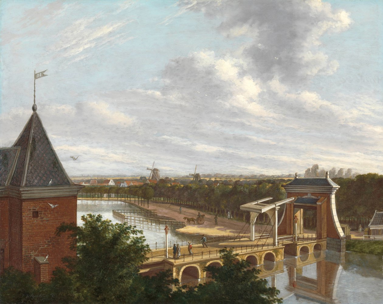 Amsterdams yttre kanal nära Leidse Poort sett från teatern The Outer Moat of Amsterdam, med Leidse Poort, sett från Stadsteatern av Johannes Jelgerhuis