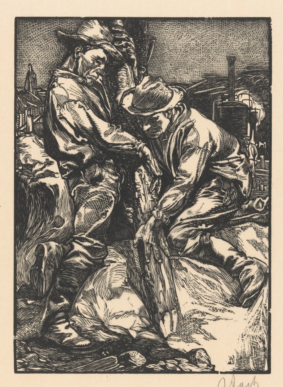 Byggnadsarbetare ägnade sig åt pålningsarbete av Johannes Josephus Aarts (signed by artist)