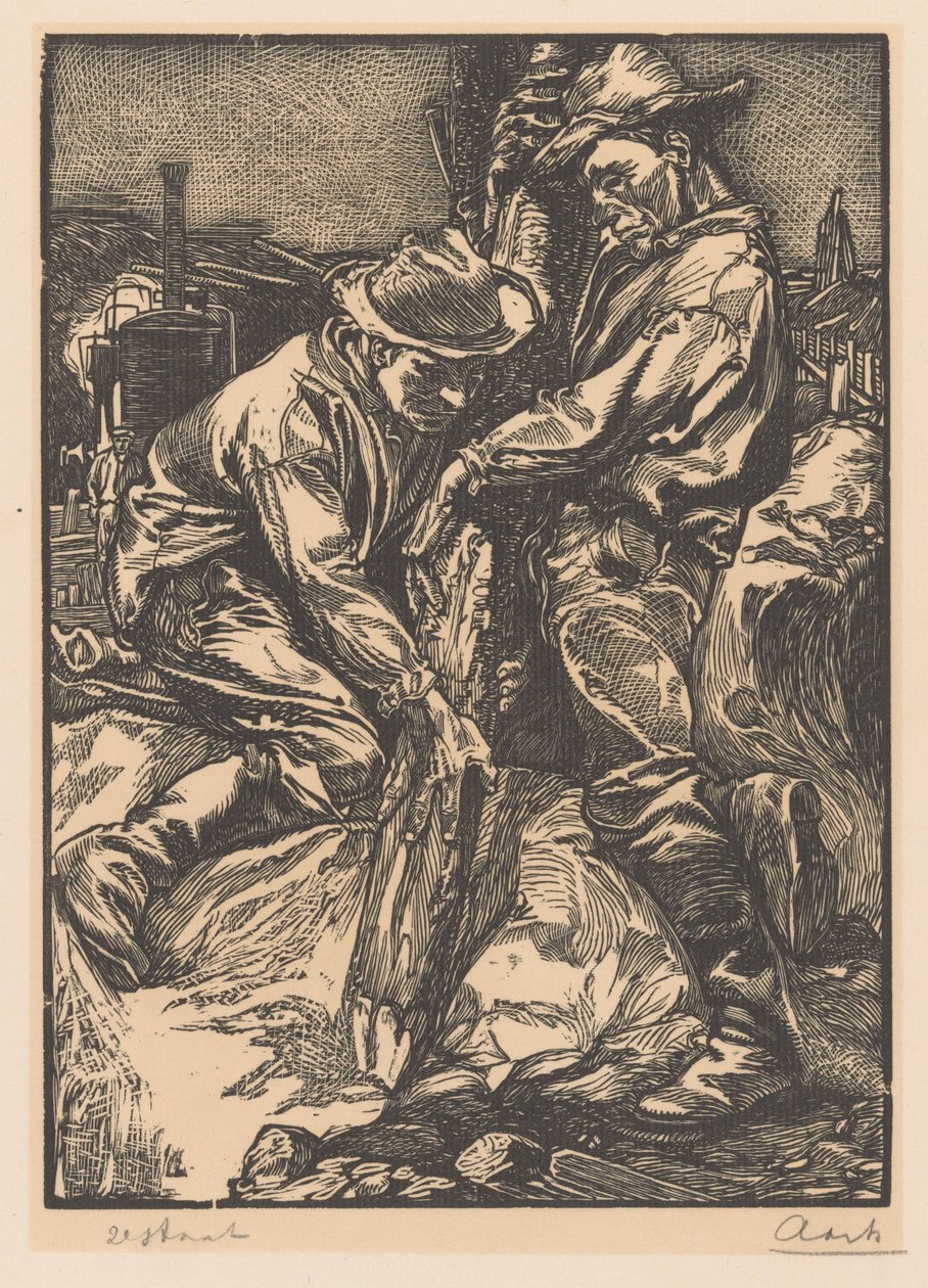 Byggnadsarbetare upptagna med pålning av Johannes Josephus Aarts (signed by artist)
