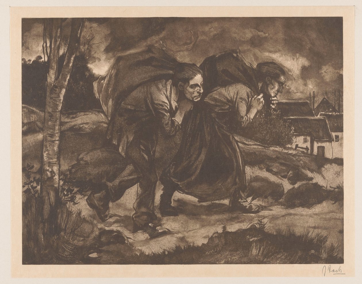 Man och kvinna med väska på ryggen av Johannes Josephus Aarts (signed by artist)