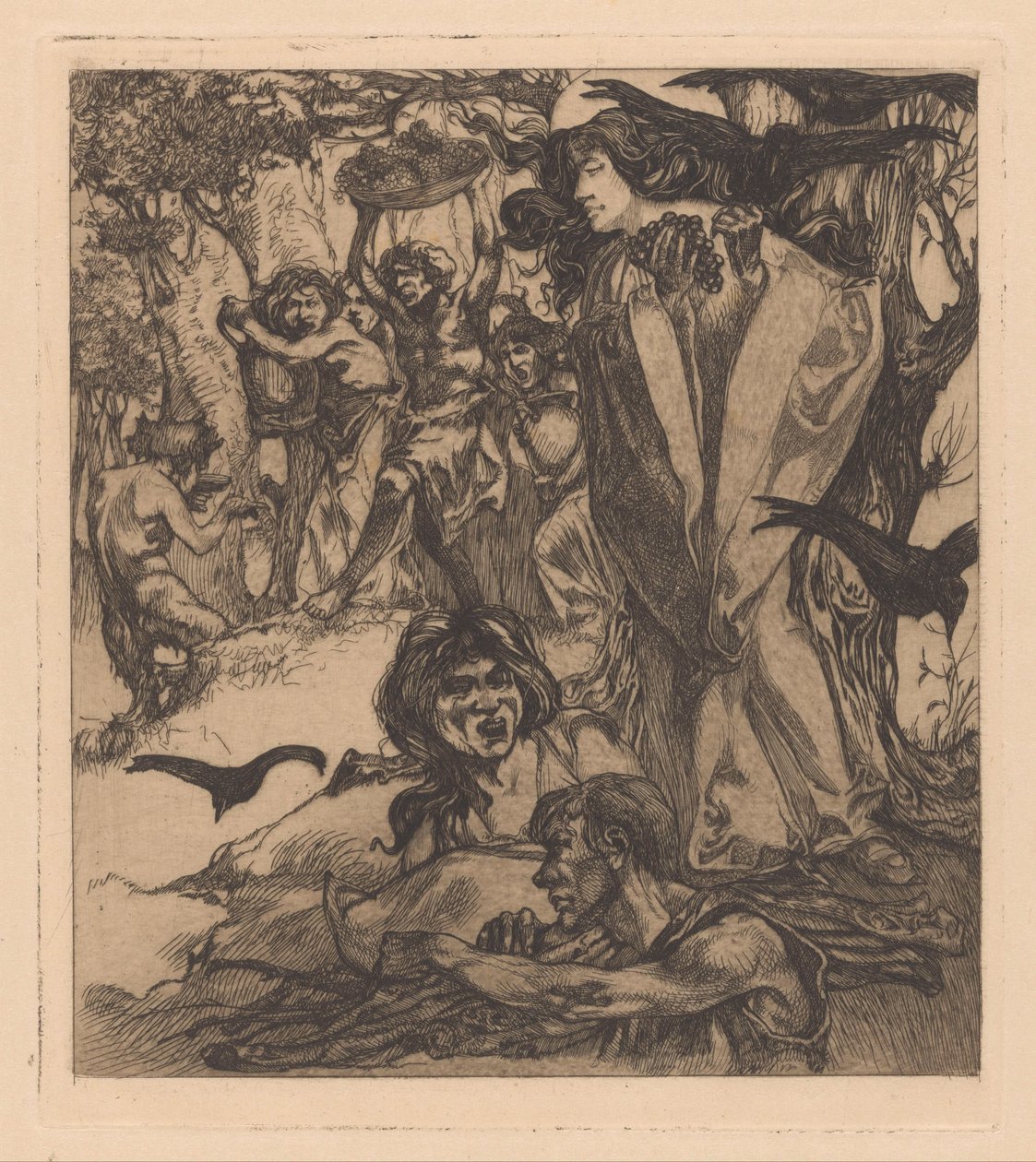 Skogbevuxen landskap med människor, kråkor och satyr av Johannes Josephus Aarts