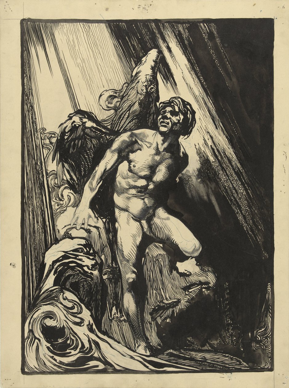 Lucifer i ett stenigt landskap vid en bäck, tittar upp mot ljuset av Johannes Josephus Aarts