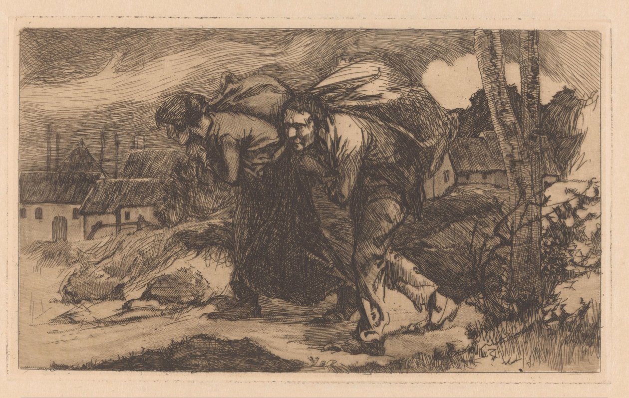Man och kvinna med väska på ryggen av Johannes Josephus Aarts