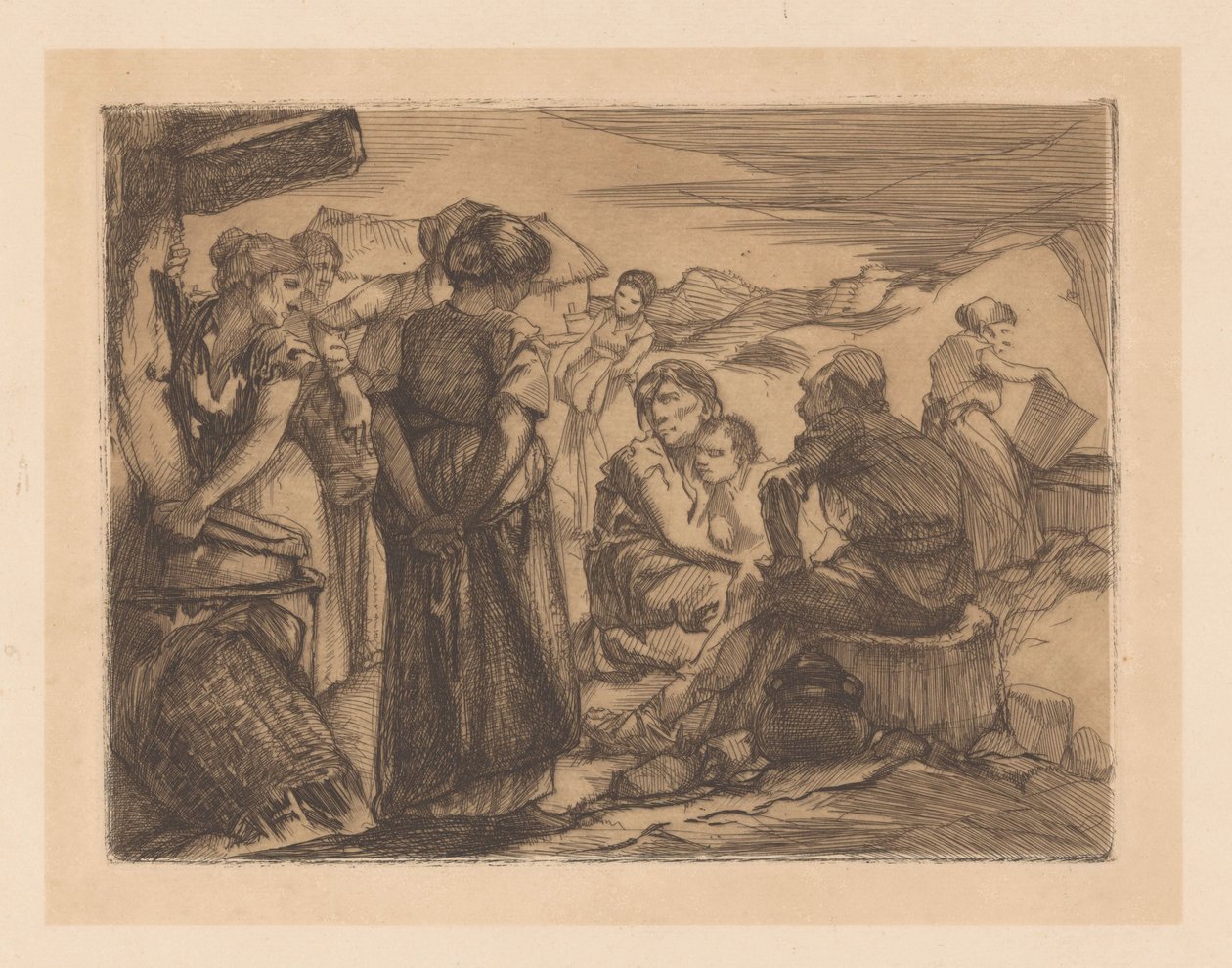 Man, kvinnor och barn i ett kuperat landskap av Johannes Josephus Aarts