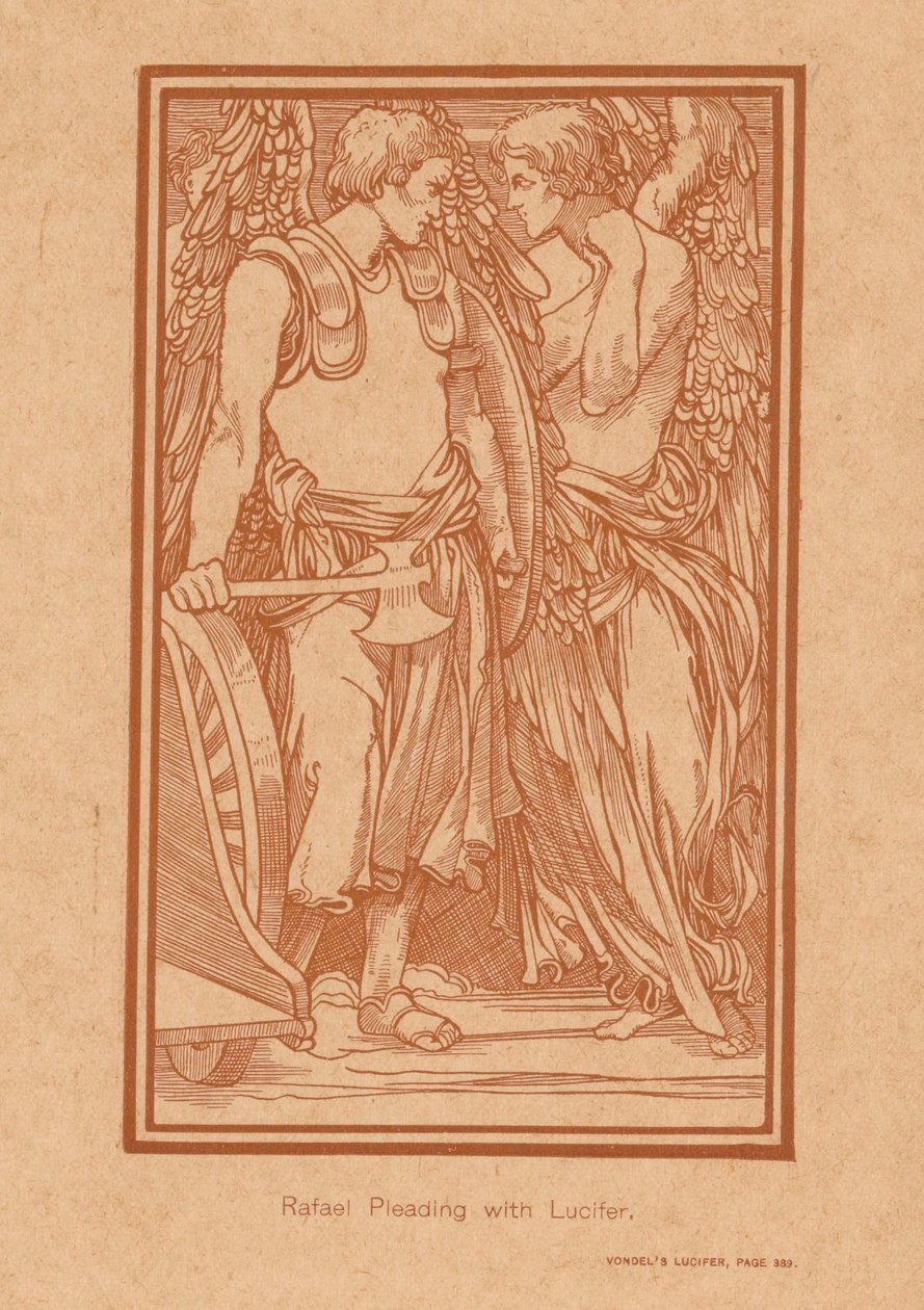 Raphael försöker få Lucifer till förnuft Rafael vädjar till Lucifer (titel på objekt) av Johannes Josephus Aarts