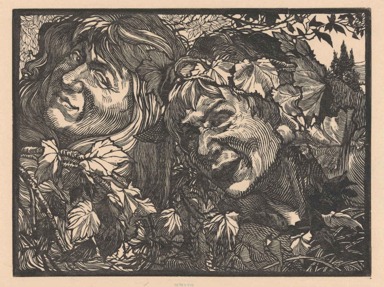 Två Bacchanter omgivna av vinblad av Johannes Josephus Aarts