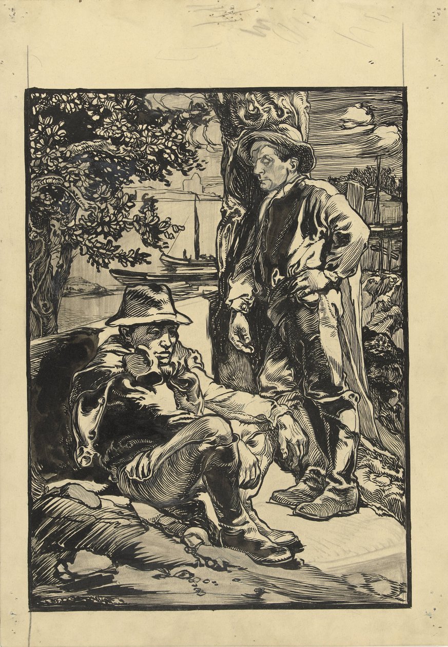 Två vallarbetare, den ene sitter, den andre lutad mot ett träd av Johannes Josephus Aarts