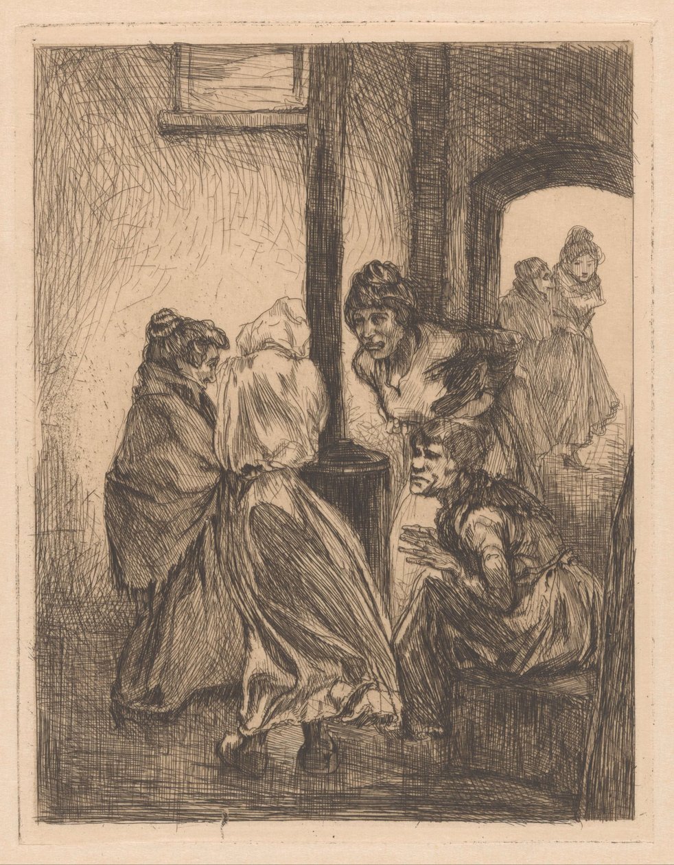 Fyra kvinnor kurrade runt en spis av Johannes Josephus Aarts