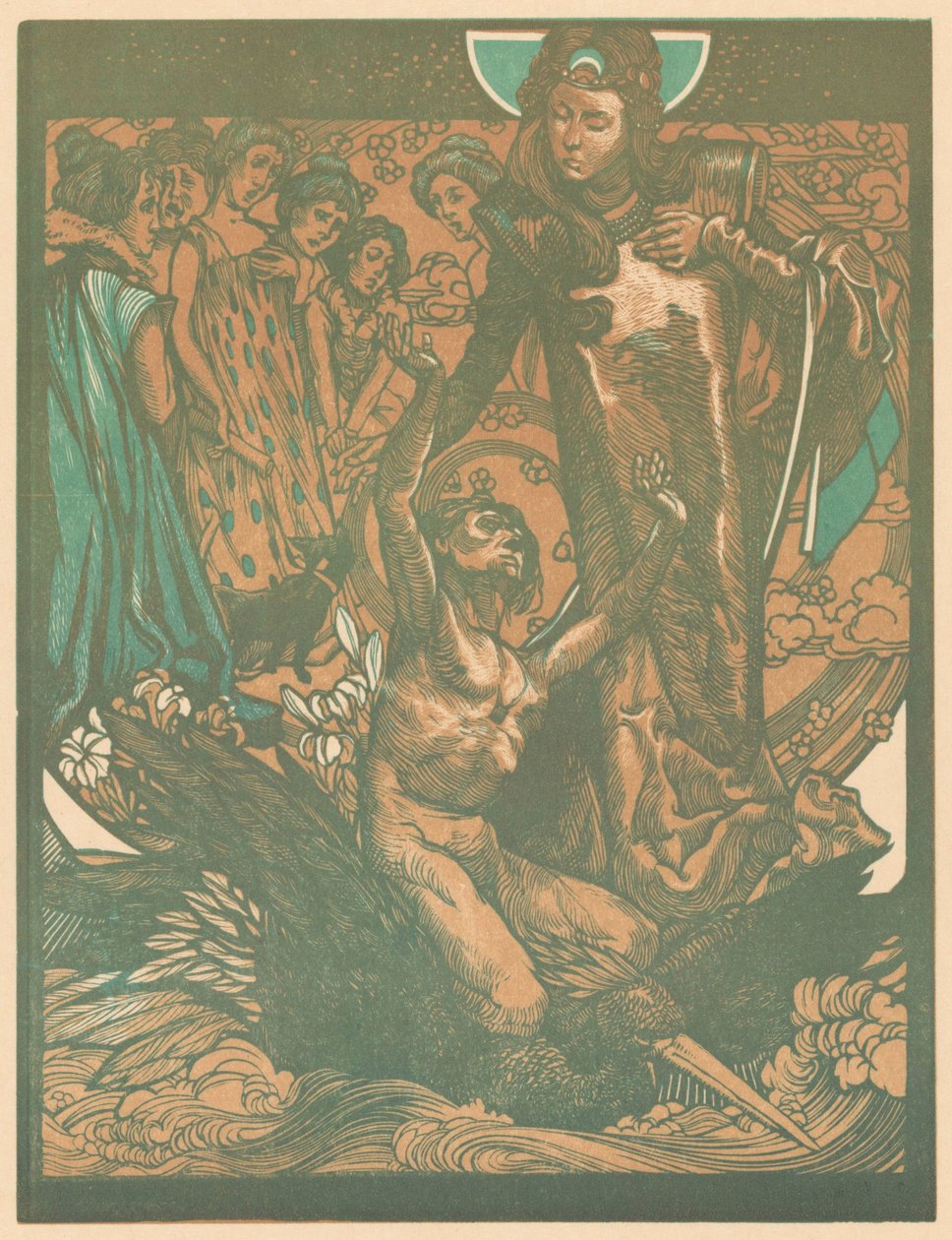 Kvinnliga figurer med man på fågelryggen av Johannes Josephus Aarts