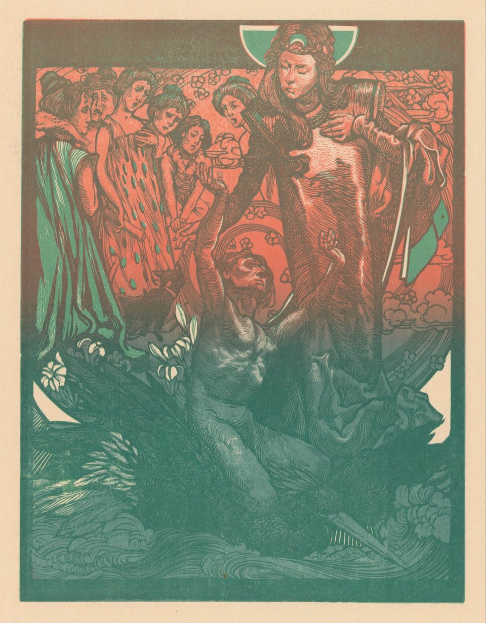 Kvinnliga figurer med man på fågelryggen av Johannes Josephus Aarts