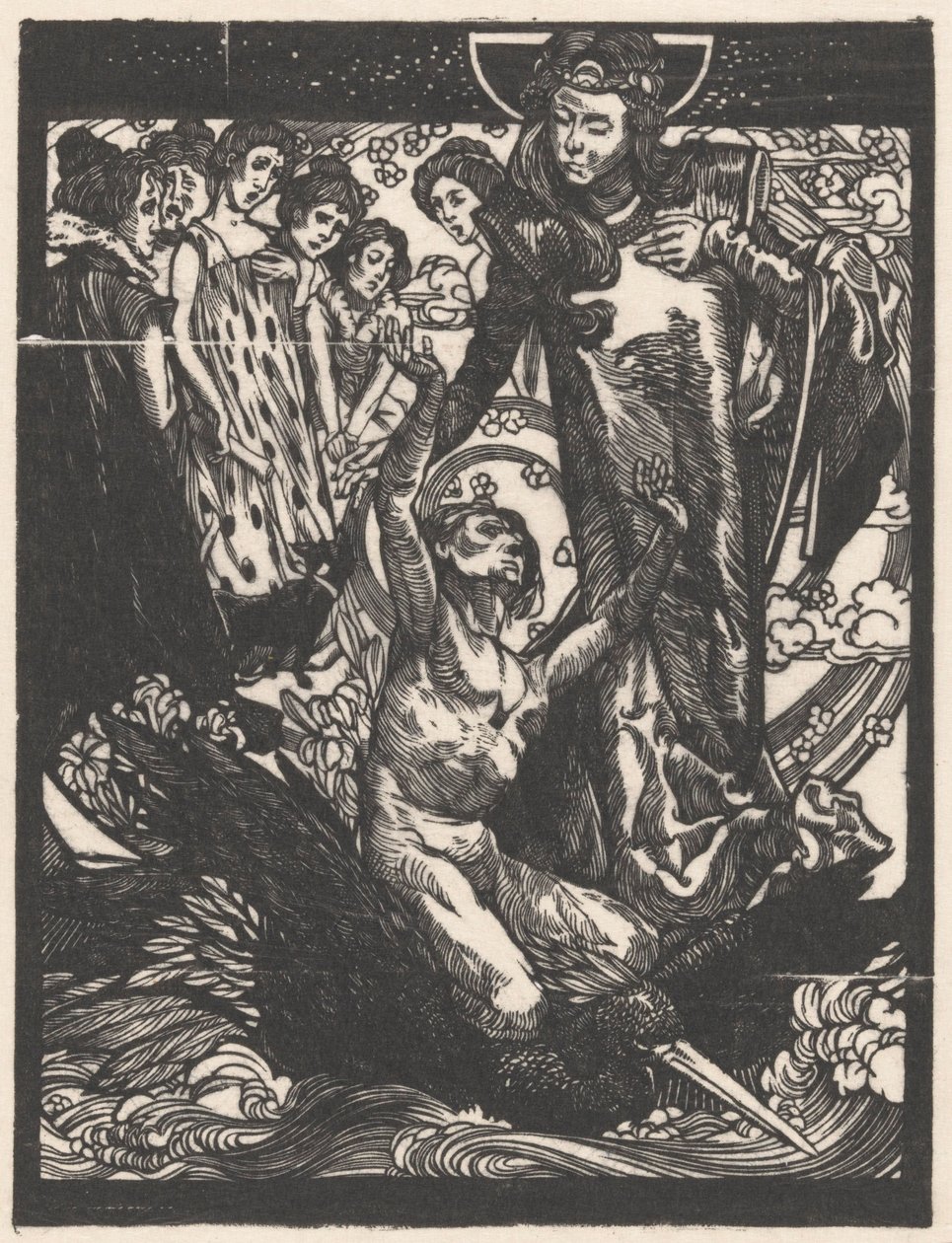 Kvinnliga figurer med man på fågelryggen av Johannes Josephus Aarts