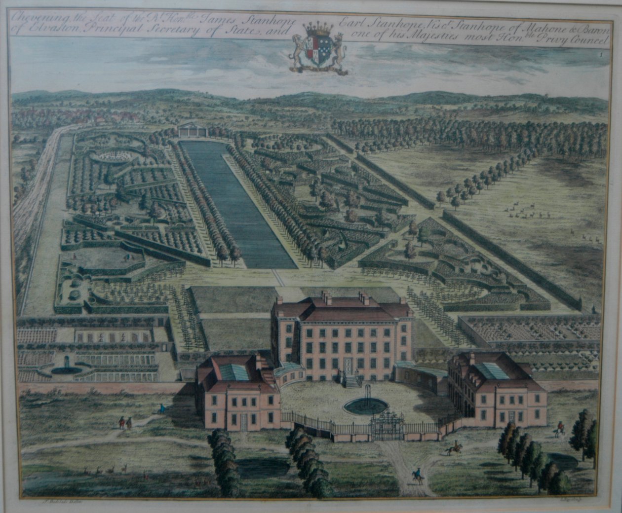 En gravyr av Chevening av Johannes Kip (d.1722) efter Thomas Badeslade (d.1742), publicerad (i History of Kent) 1719 av John Harris av Johannes Kip
