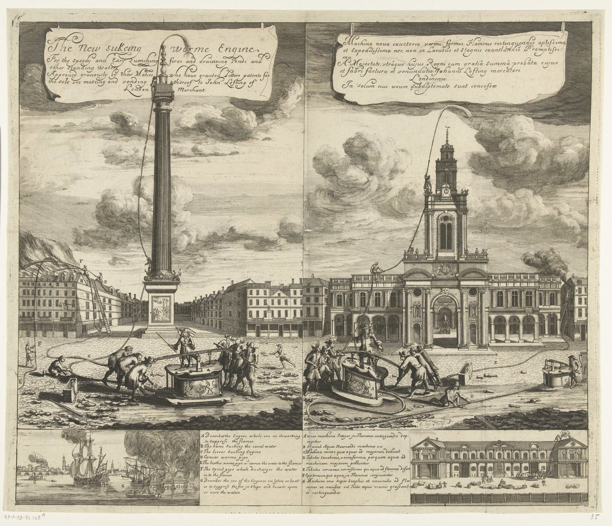 Använd av slangbrandspruten i London, ca. 1690-1700 Den nya Sukeing Worme Engine För snabb och enkel släckning av bränder och tömning av dammar och andra stående vatten (...) (titel på objektet) Machina nova exuctoria vermi: formis Flammis restinguendi av Johannes Kip