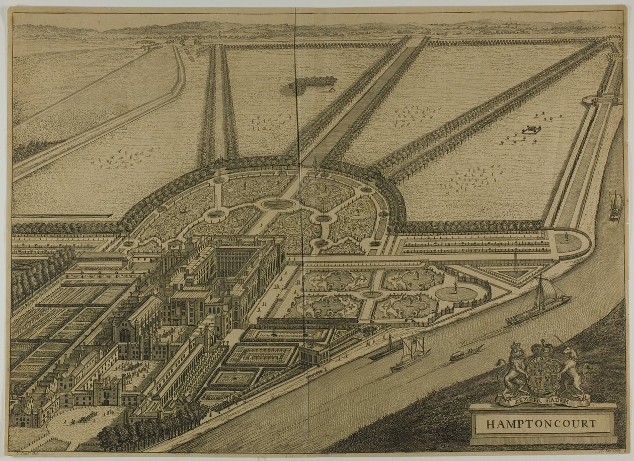 Hampton Court, tallrik sex från Britannia Illustrata av Johannes Kip