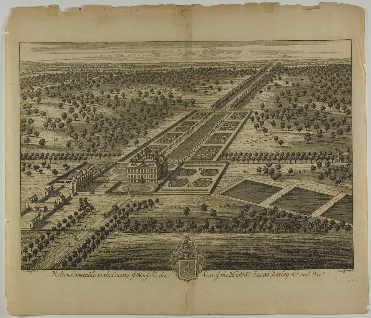 Melton Constable i County of Norfolk, skylt 51 från Britannia Illustrata av Johannes Kip