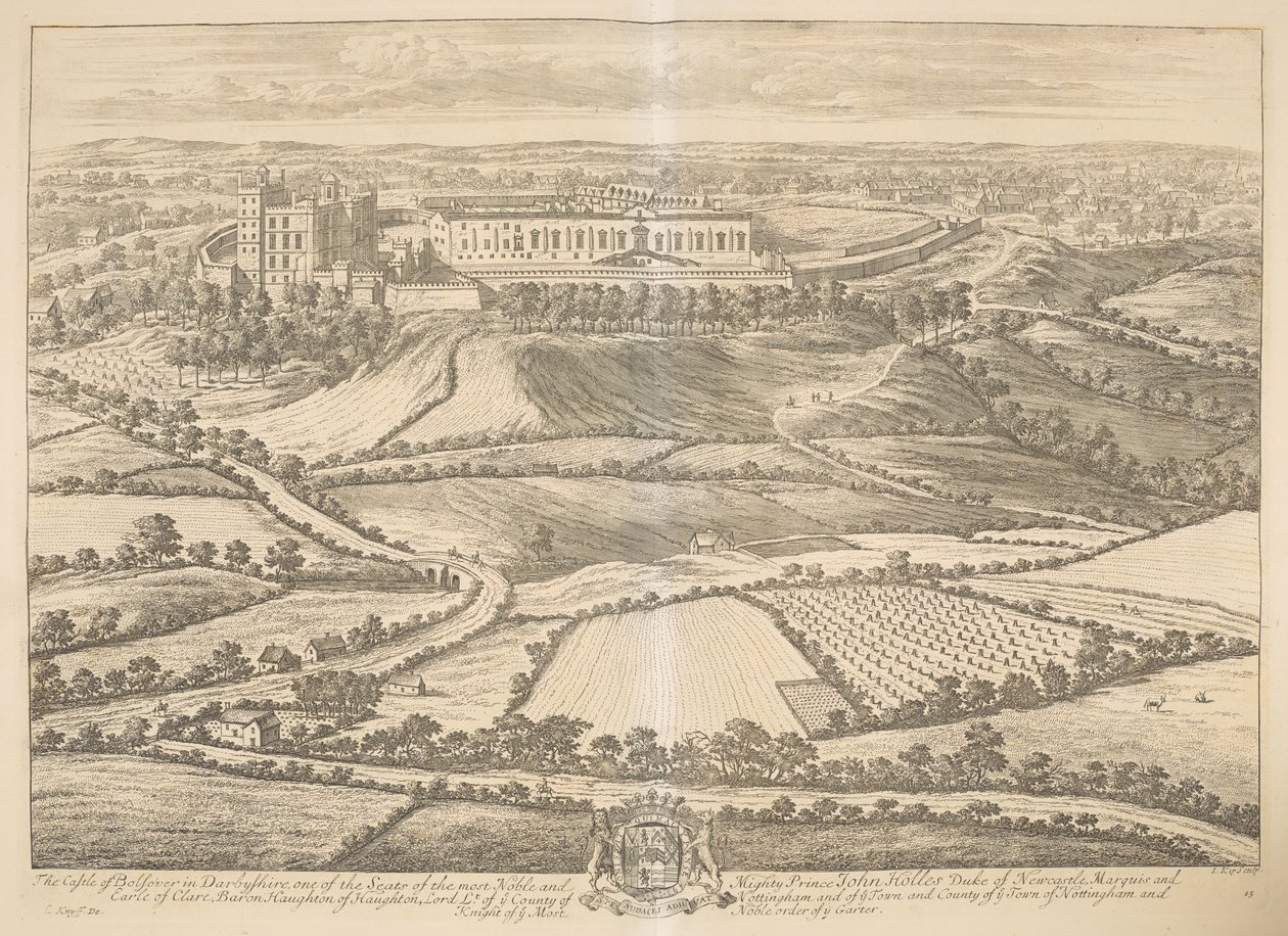 The Castle of Bolsover i Darbyshire: en av sätena för den ädlaste och mäktigaste prins John Holles hertig av Newcastle, markis och earle av Clare, Baron Haughton, Lord Lt. av ye County of Nottingham och av ye Town and County of ye Town från Nottingham an av Johannes Kip