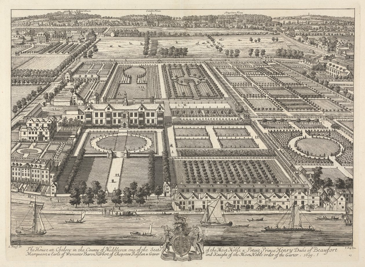 Utsikt över Beaufort House och Chelsea 1699 av Johannes Kip