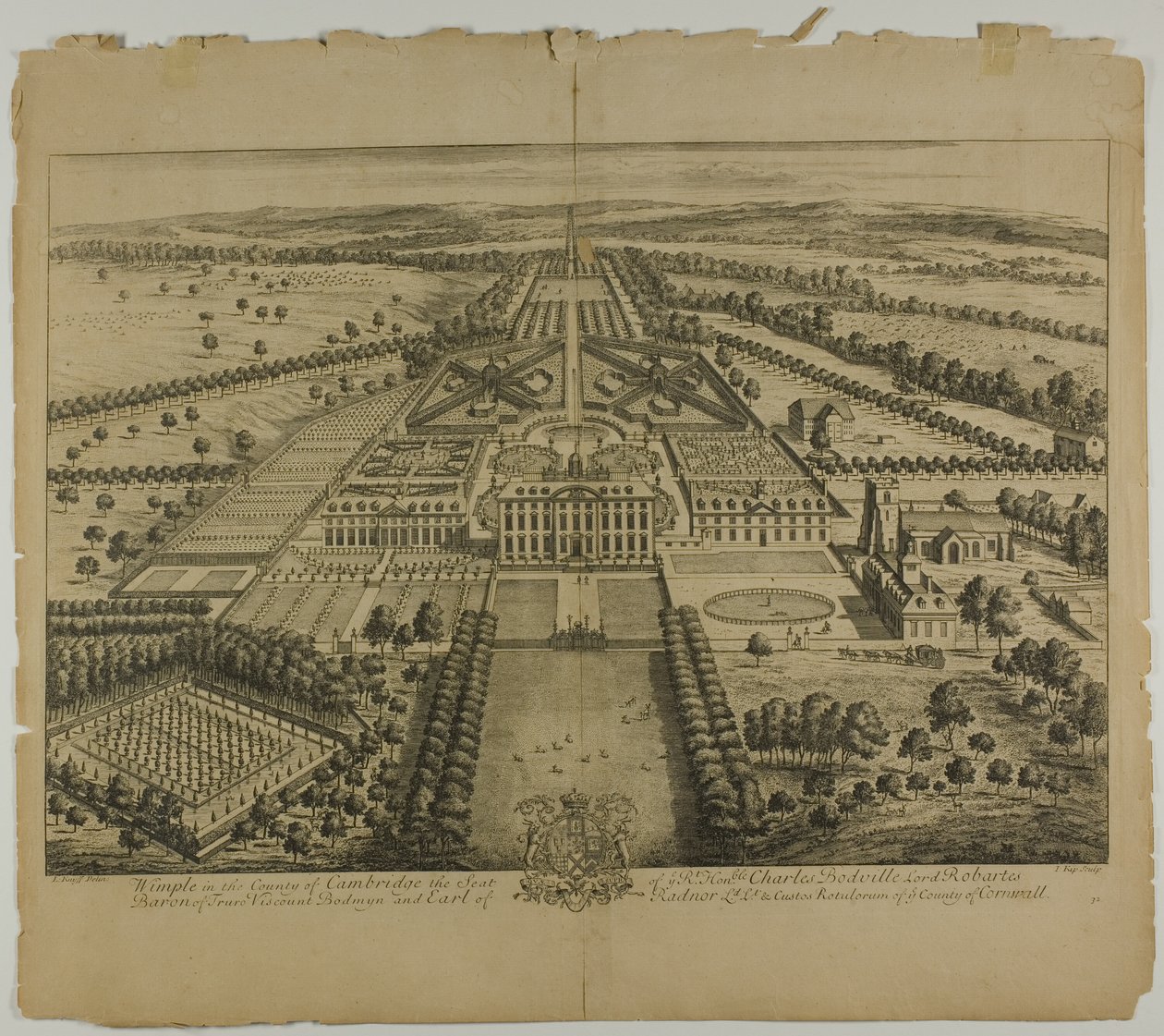 Wimple i County of Cambridge, skylt 32 från Britannia Illustrata av Johannes Kip