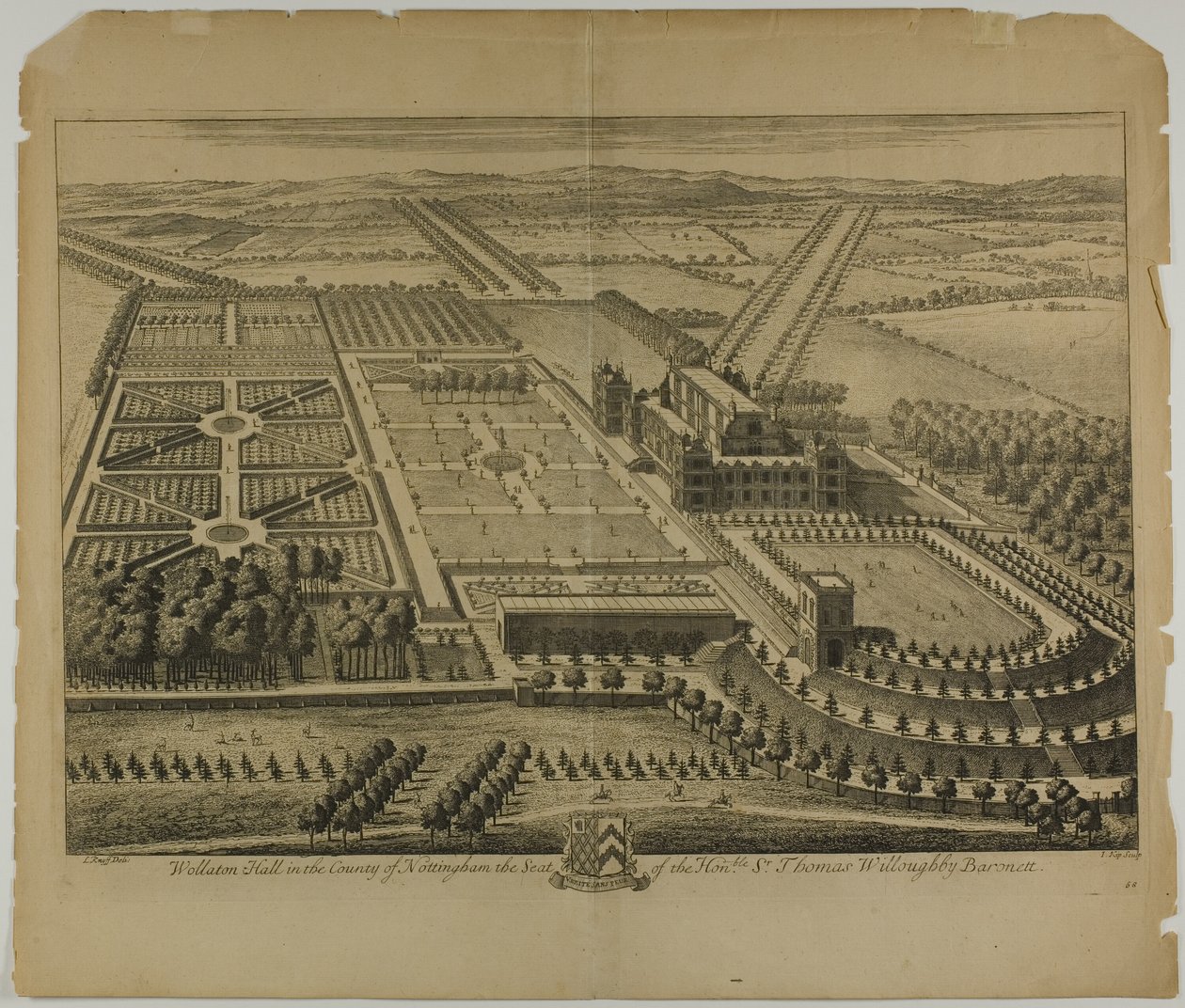 Wollaton Hall i County of Nottingham, skylt 68 från Britannia Illustrata av Johannes Kip