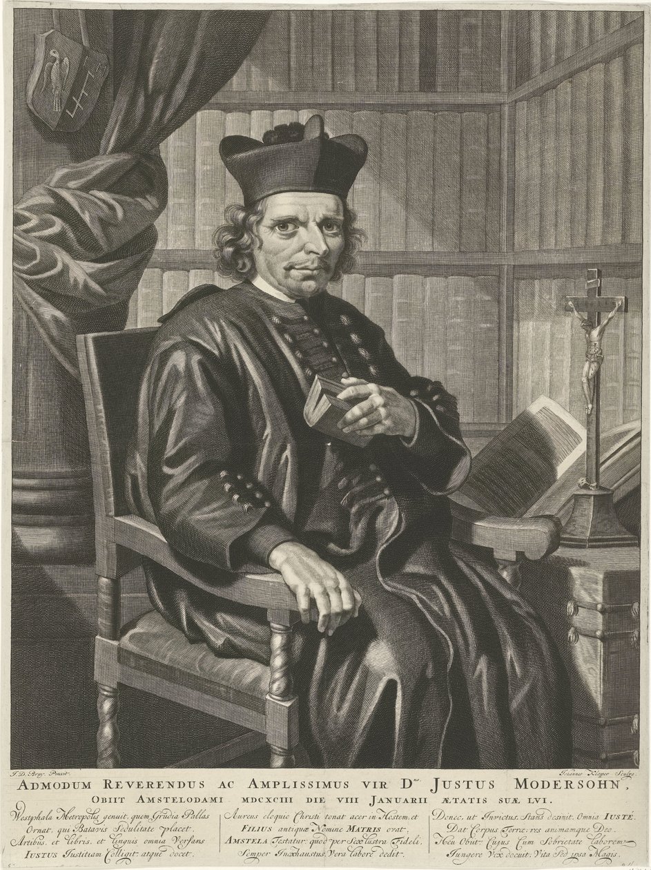 Portret van de pastor Justus Modersohn Den rätte pastor och store man herr Justus Modersohn, dog i Amsterdam 1693 den 8 januari vid 15 års ålder (titel på föremålet) av Johannes Klopper