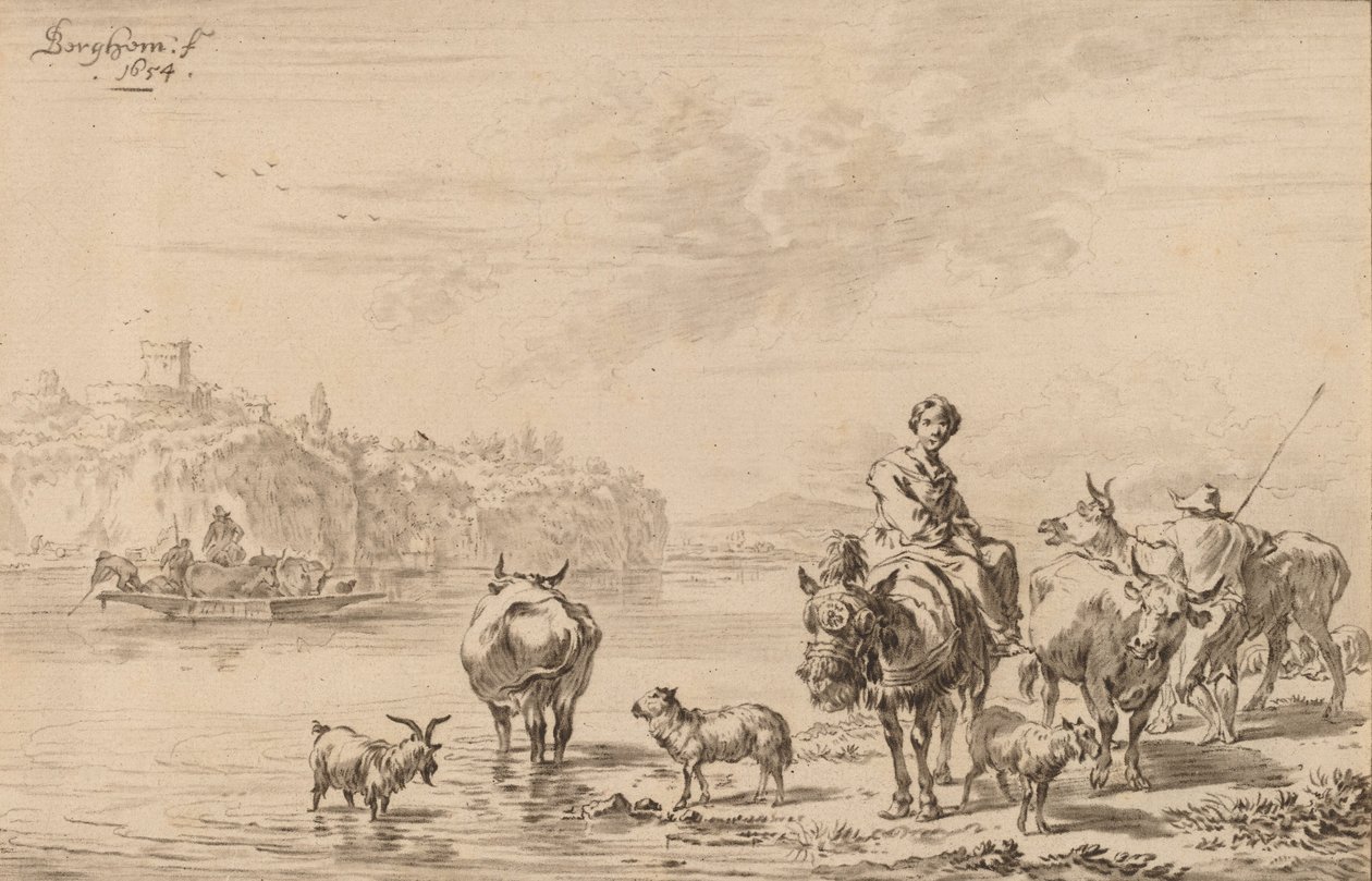 Kvinna som sitter på en mula, 1769. av Johannes Kornlein