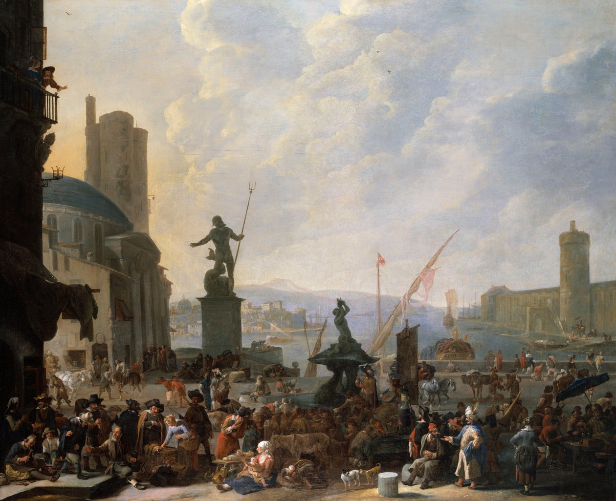 En Capriccio av en medelhavshamn med Berninis Tritonfontän och en Capriccio av Louvren. av Johannes Lingelbach