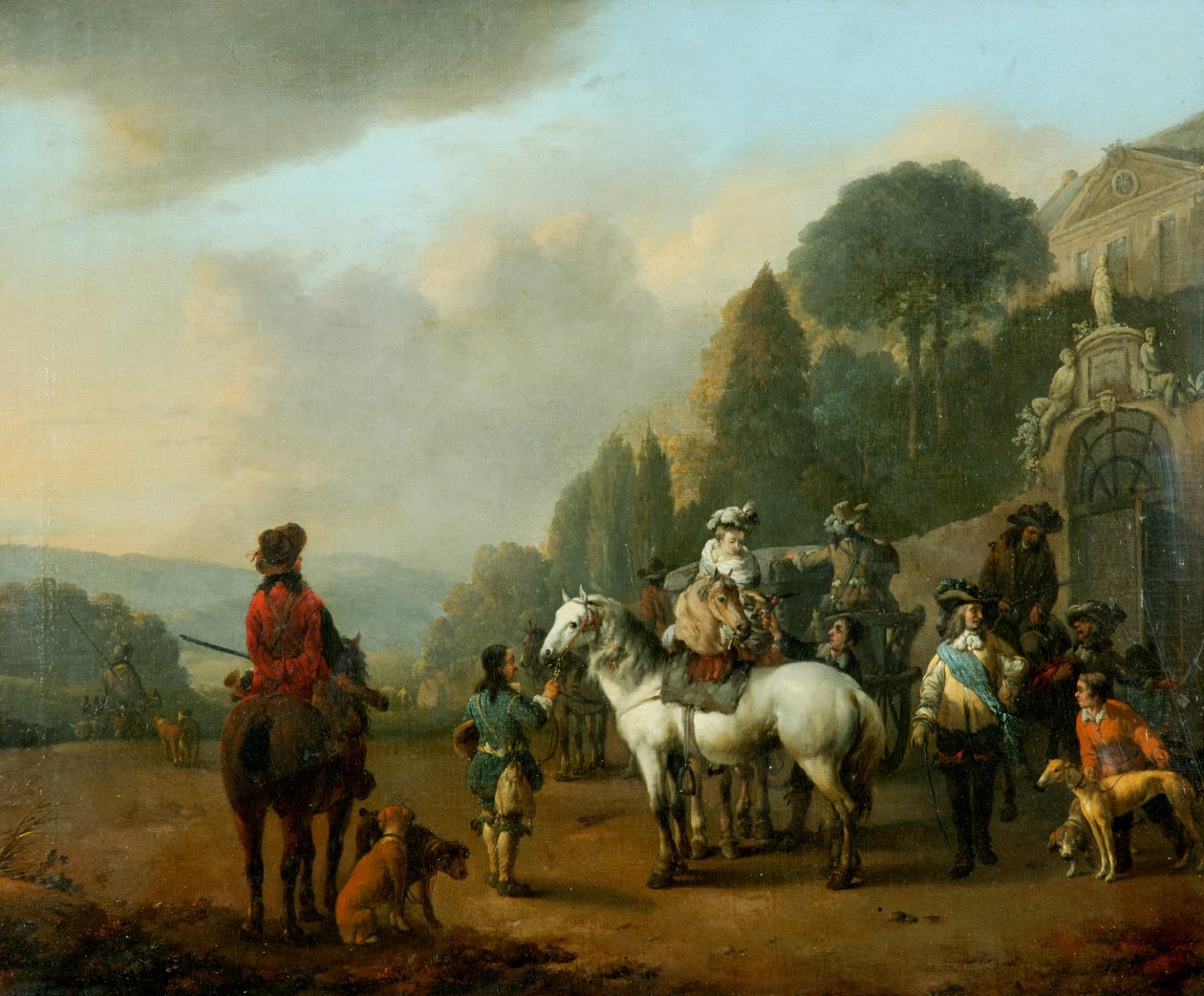 A Party of Falconers utanför portarna till ett slott (olja på duk) av Johannes Lingelbach