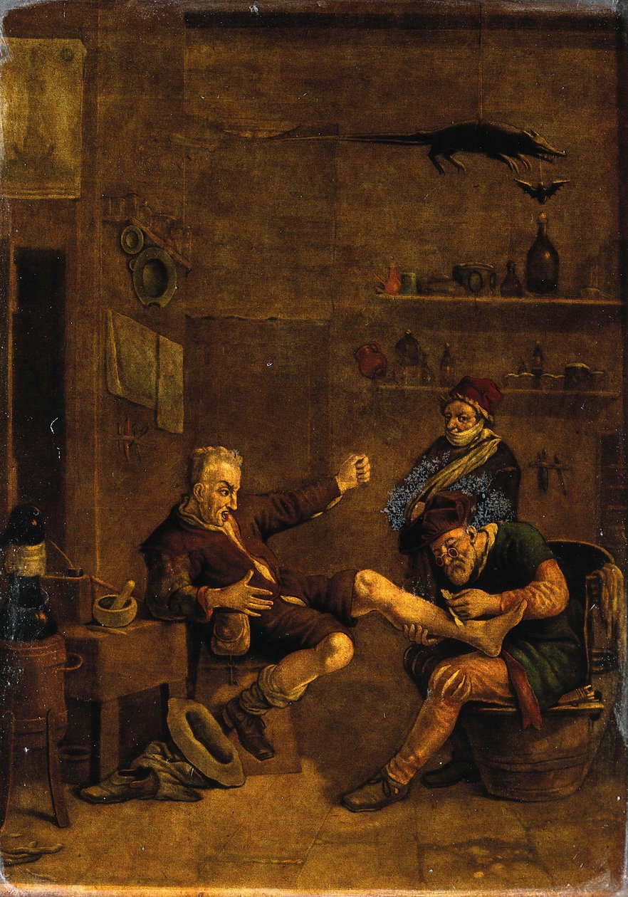 En kirurg som behandlar en mans fot. Mezzotint efter en komposition som tillskrivs Johannes Lingelbach. av Johannes Lingelbach