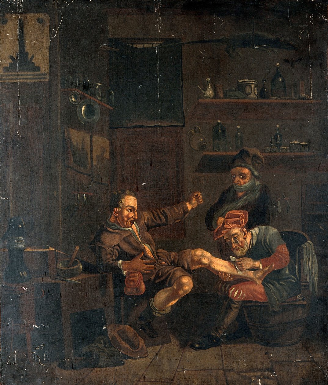 En kirurg som behandlar en mans fot. Oljemålning efter en komposition som tillskrivs Johannes Lingelbach. av Johannes Lingelbach