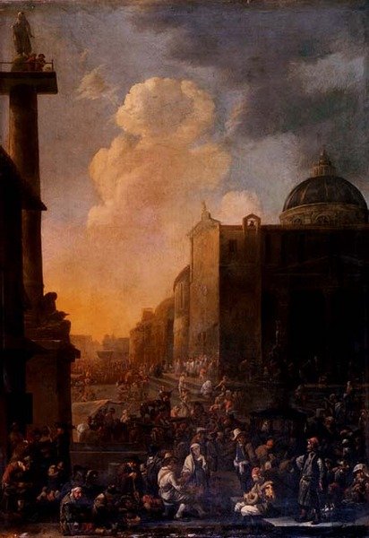 Capriccio utsikt över en romersk piazza (olja på panel) av Johannes Lingelbach