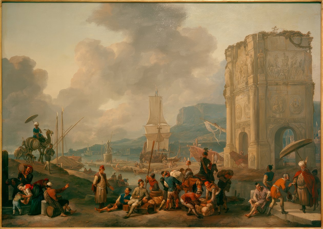 Capriccio av en italiensk hamn med Konstantins båge av Johannes Lingelbach