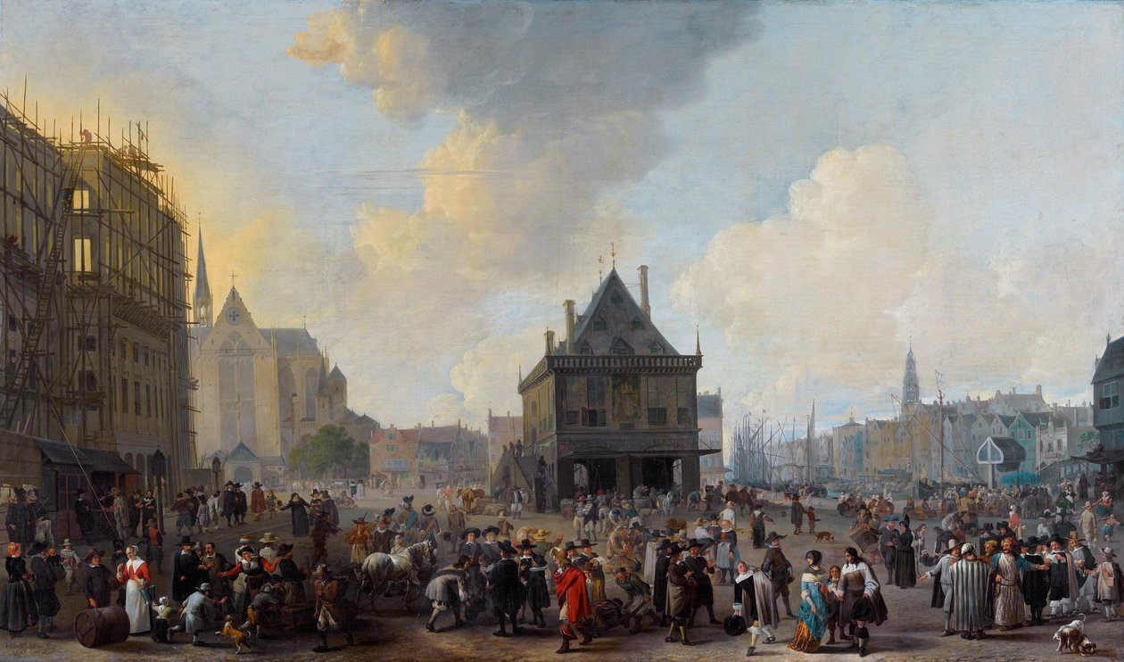 Nederländska: Dam Square, sett från norr, med det nya stadshuset under uppförande av Johannes Lingelbach