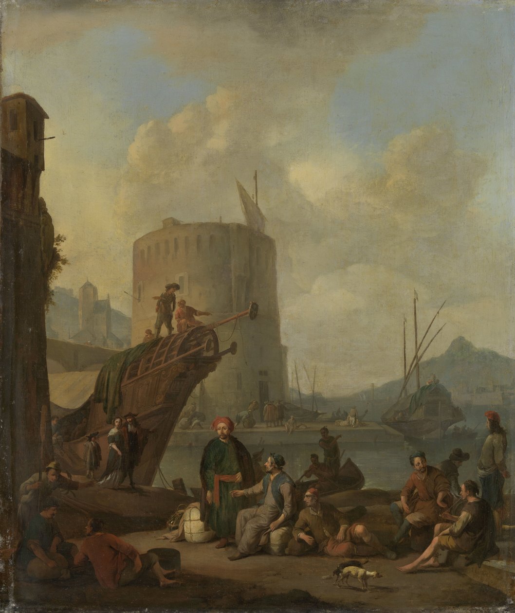 Italiensk hamn med ett befäst torn av Johannes Lingelbach