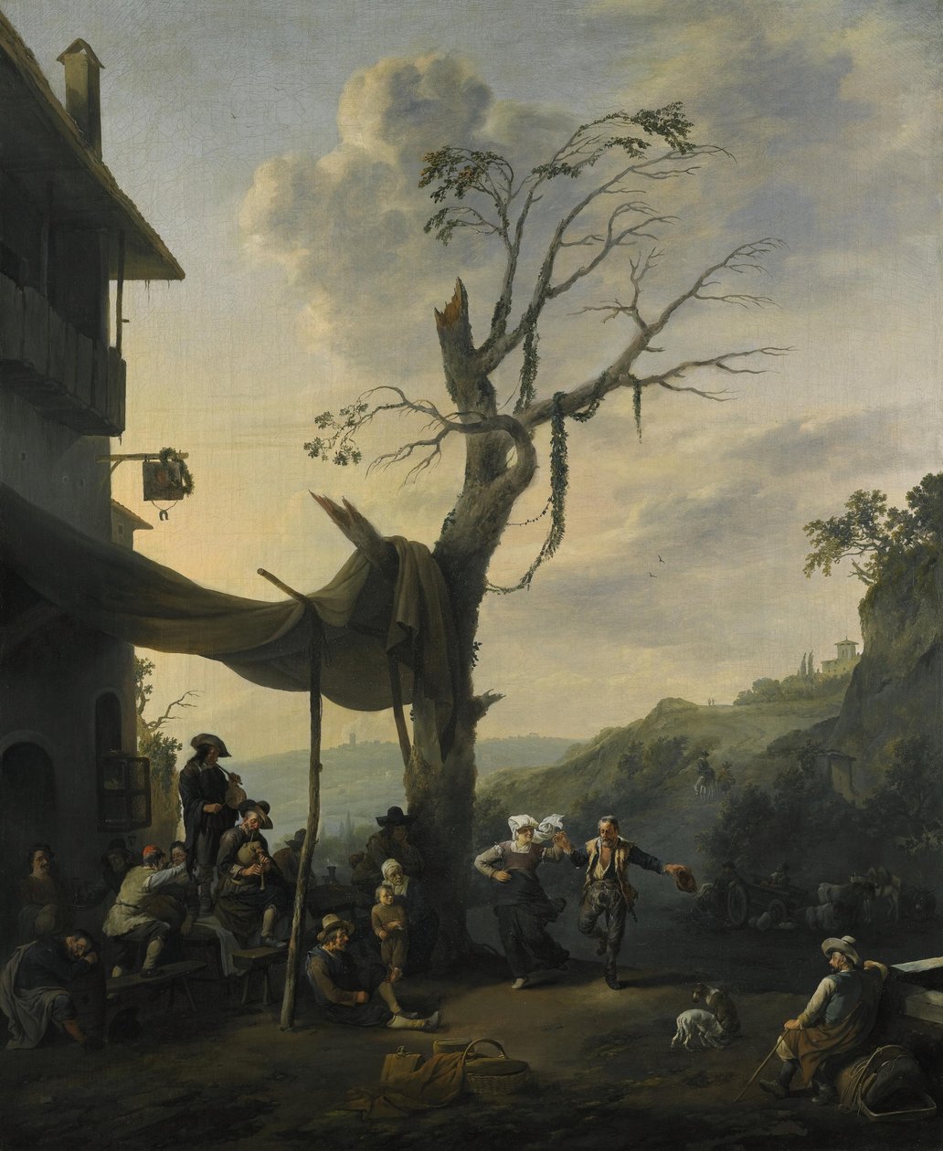 Bergslandskap med bönder som dansar och spelar musik framför ett värdshus av Johannes Lingelbach