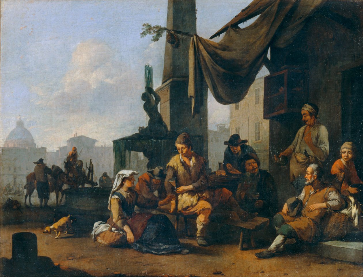 Italienska bönder dricker vid dörren till ett romerskt hotell ... av Johannes Lingelbach