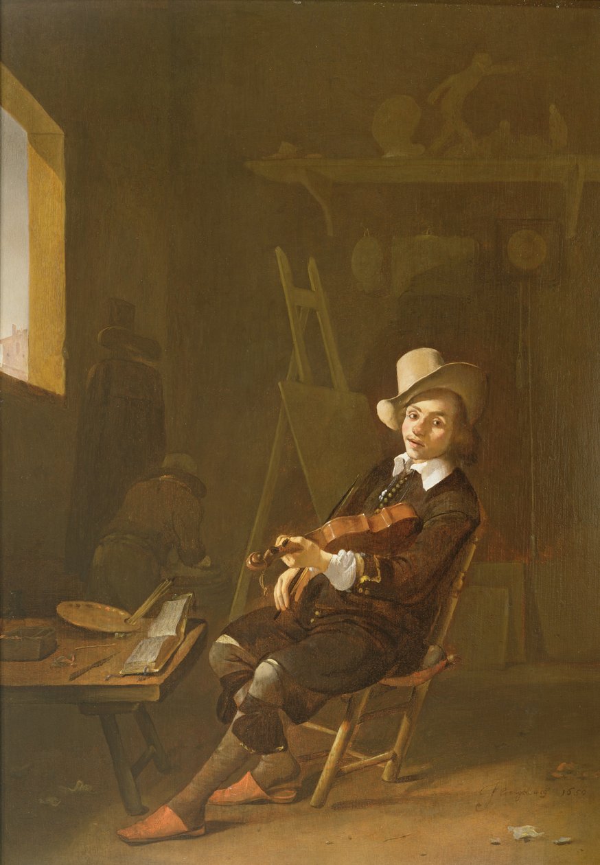 Självporträtt av konstnären som spelar fiol av Johannes Lingelbach
