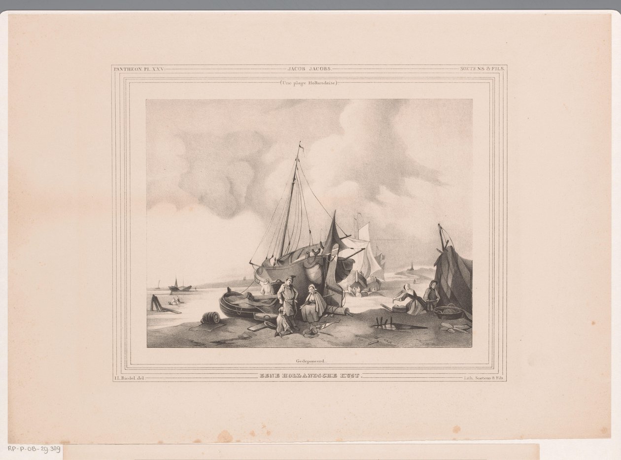 Holländska kusten med båtar och människor En holländsk kust (titel på objekt) av Johannes Lodewijk Riedel