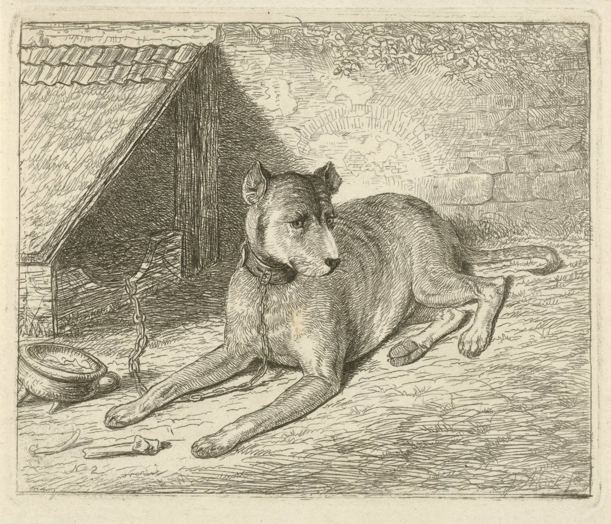 Hund på en kedja vid en hundkoja av Johannes Mock