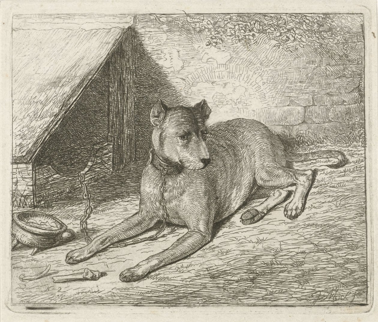 Hund på en kedja vid en hundkoja av Johannes Mock