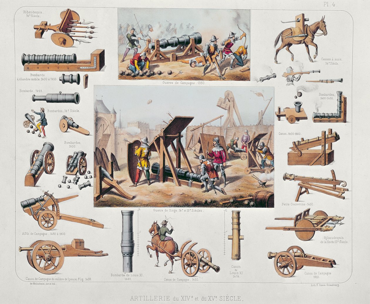 Franskt artilleri från 1300- och 1400-talen (färgad litho) av Johannes Moltzheim