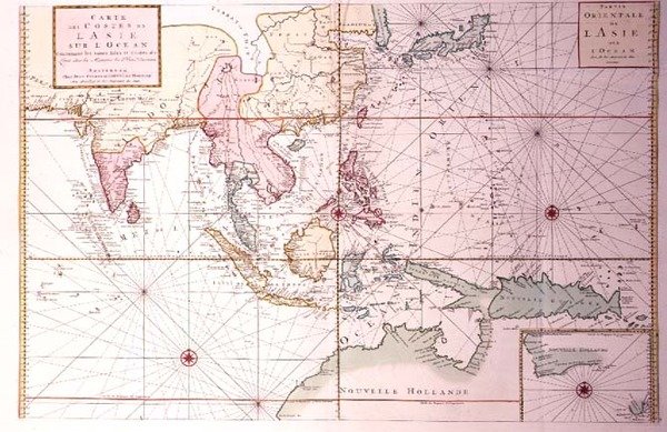 Kustkarta som sträcker sig från nordvästra Indien till norra Australien via Japan och Filippinerna, ca 1700 (färggrafit) av Johannes and Mortier Cornelis Covens